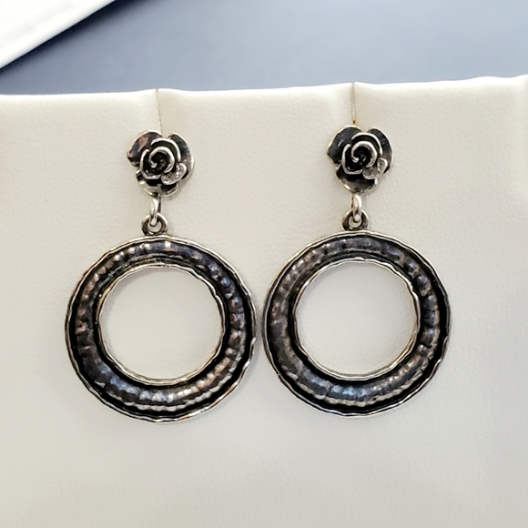 Or Paz PZ Oxidized Sterling Silver Rustic Hammered Drop Circle and Rose Earrings - Picture 9 of 13